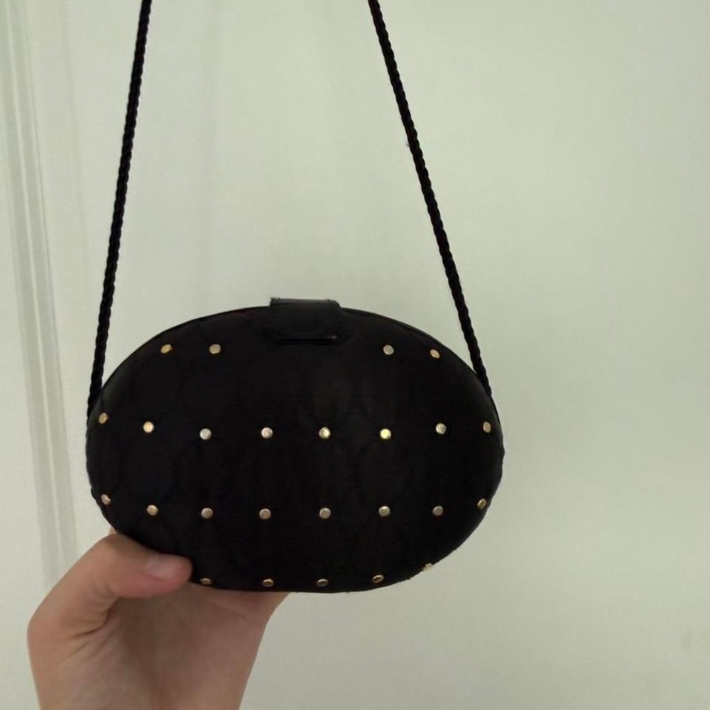 Vintage Black Quilted Studded Oval Crossbody Bag w/ Gold Hardware - Picture 4 of 7